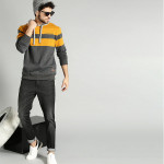 Men Charcoal Grey & Mustard Yellow Colourblocked Hooded Sweatshirt