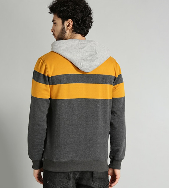 Men Charcoal Grey & Mustard Yellow Colourblocked Hooded Sweatshirt