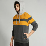 Men Charcoal Grey & Mustard Yellow Colourblocked Hooded Sweatshirt